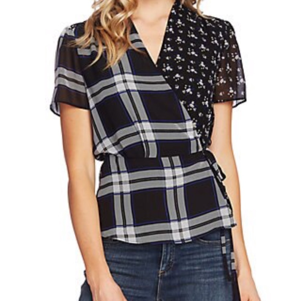 Vince Camuto Plaid Floral Mix Print Wrap Top XXS